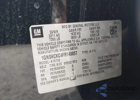 2015 Chevrolet Tahoe Ltz from USA, damaged, VIN 1GNSKCKC4FR149857